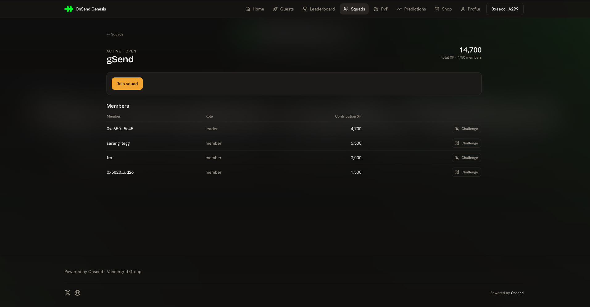 A squad page with a shared leaderboard tracking each member's contribution XP.